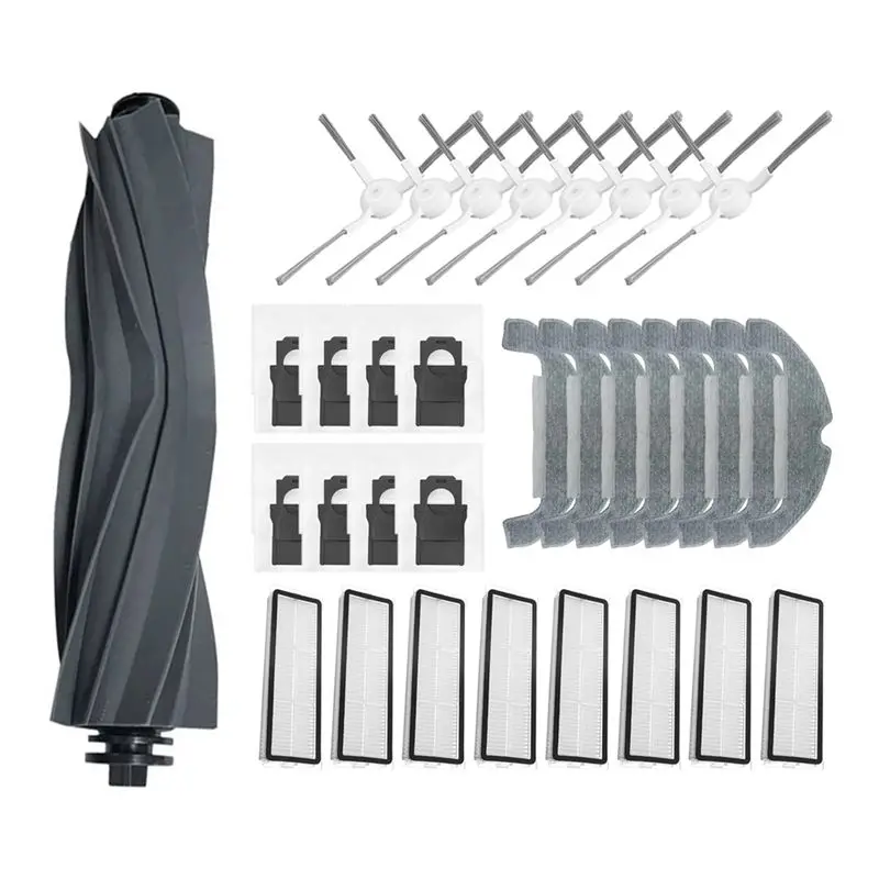 

Запчасти для пылесоса Dreame D10 Plus Gen 2: основная и боковые щетки, салфетки для влажной уборки, HEPA-фильтр, мешок для сбора пыли.