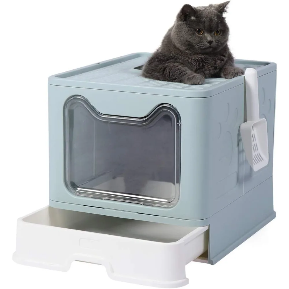 

Large Foldable Cat Litter Box Pan with Lid, Cat Potty ,Top Entry Type Anti-Splashing Cat Supplies with Pet Plastic Scoop(Blue)