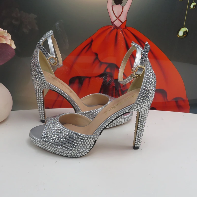 Super High Heel silvery Golden Bridal Wedding shoes Summer Sandals woman Fashion Party Dress shoes Ankle Strap sandal Open Toe