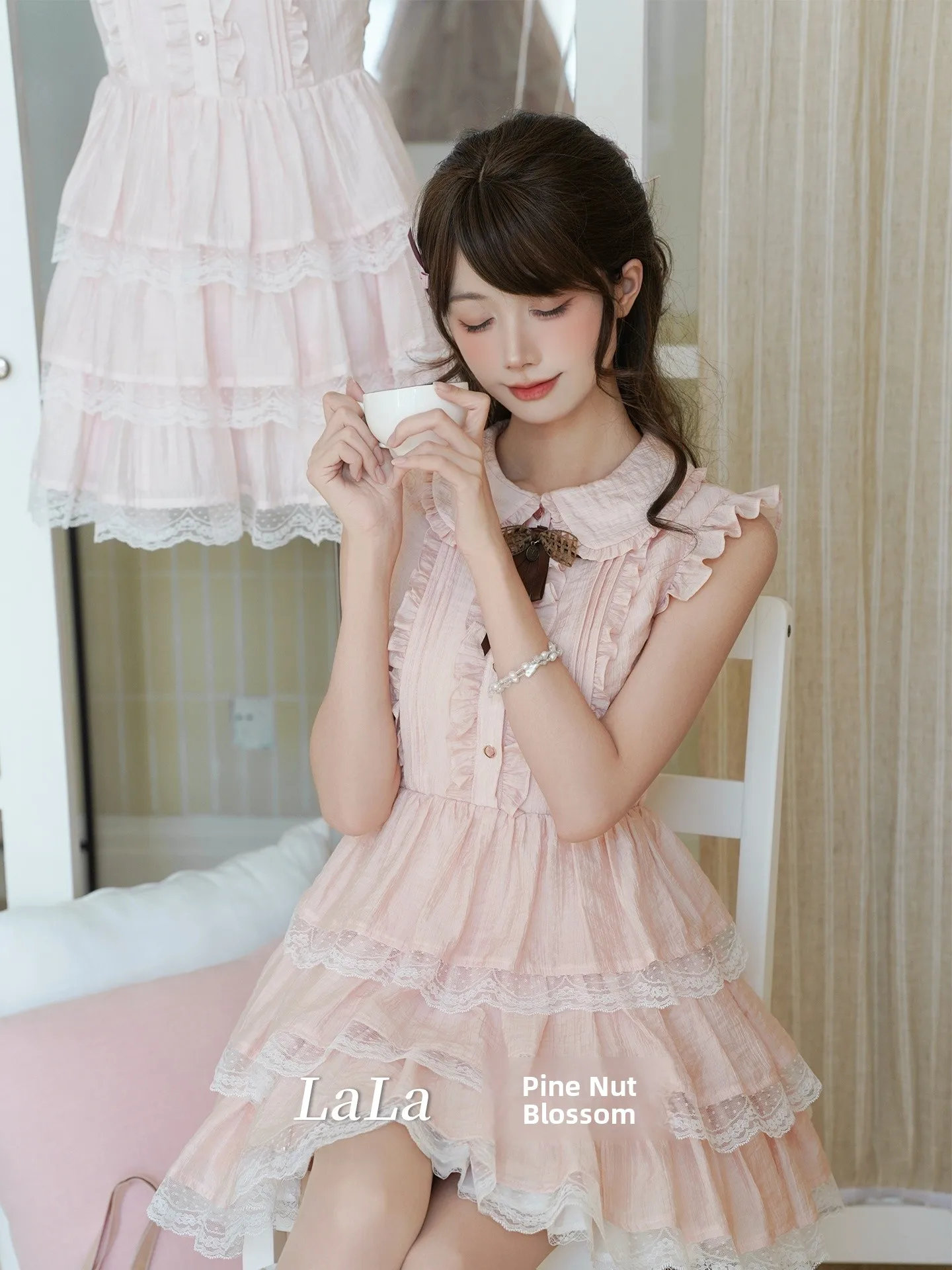 

Sweet Princess Style Pink Lace Trimmed Doll Collar Dress with Flying Sleeves by LaLa Sauce for Girls Summer Season