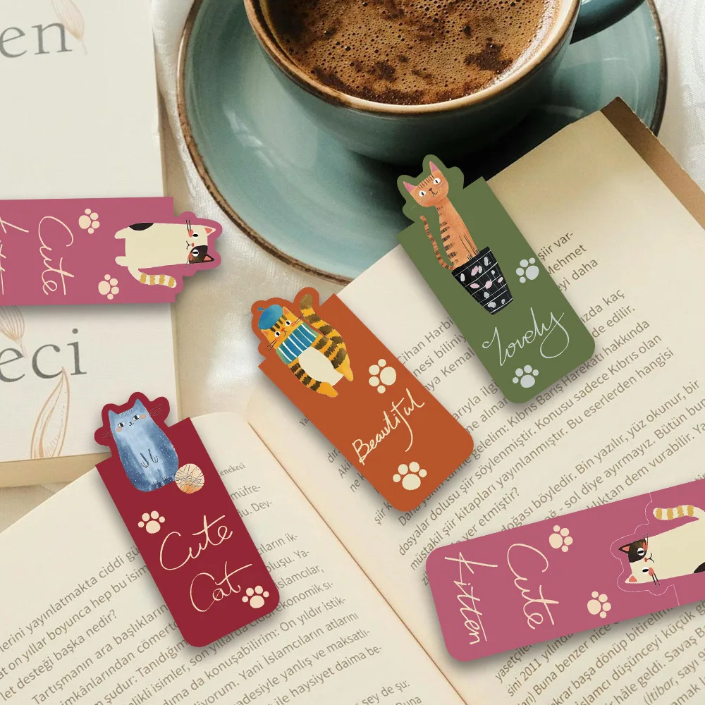 4pcs Cat World Magnetic Bookmarks Set Cute Cartoon Design Page Clips Book Markers Unique Reading Gift Stationery F3043