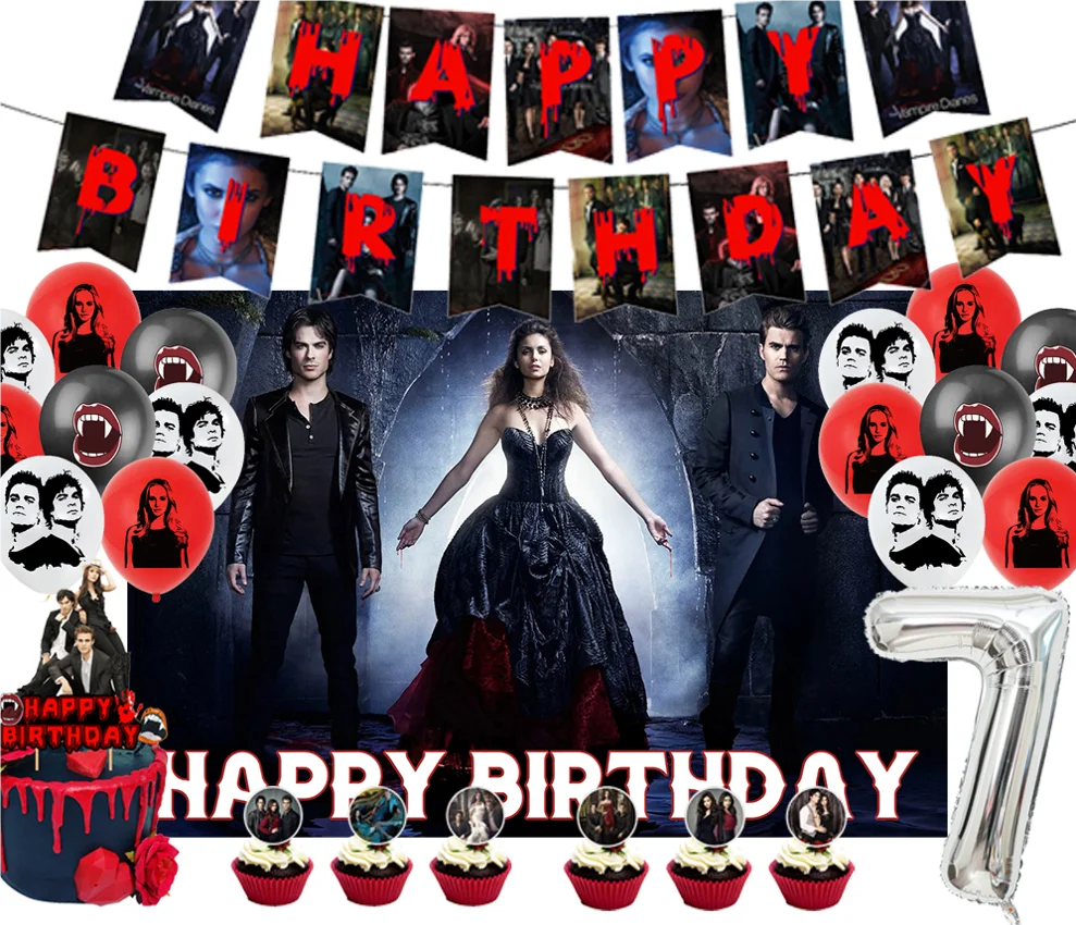 The Vampireing Diaries Theme Background Happy Birthday Party Decoration Accessories Cake Topper Banner Balloon Set Kids Gift