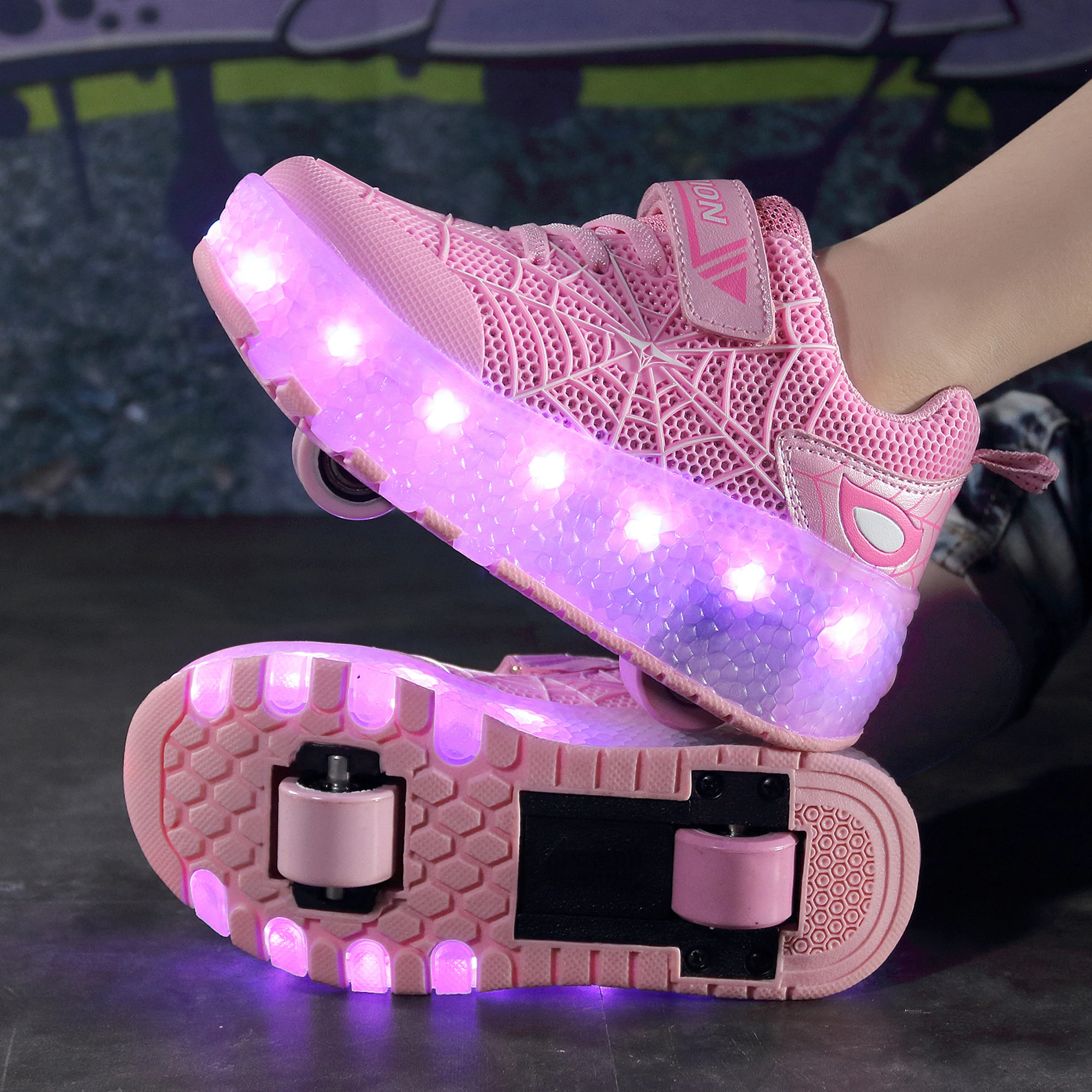 Pink Kids Girls Wheel Shoes LED Light Up USB Charging Children Roller Skate Casual Skateboarding Sports Shoes Kids Sneakers