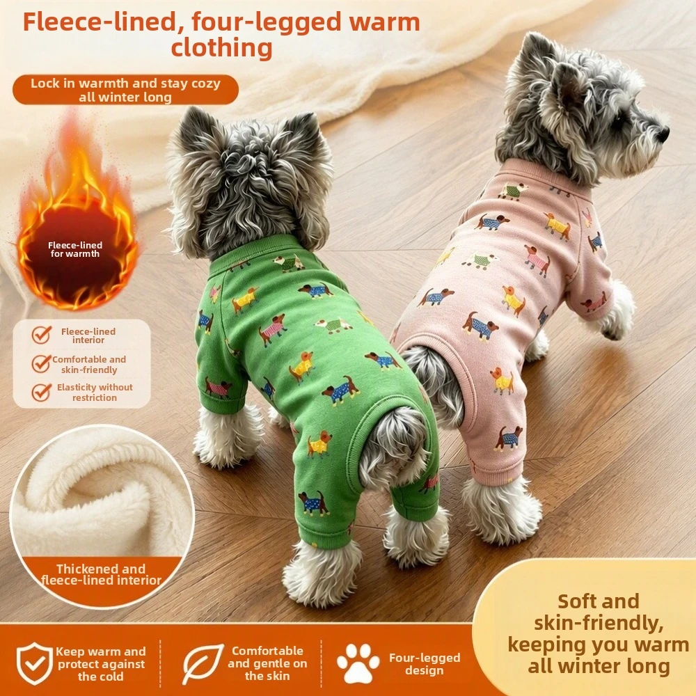 Sausage Puppy Print Cartoon Pattern Dog Jumpsuit Soft Wrap Belly Dog Pajamas Thickened Warm Puppy Sleepwear Home Clothing