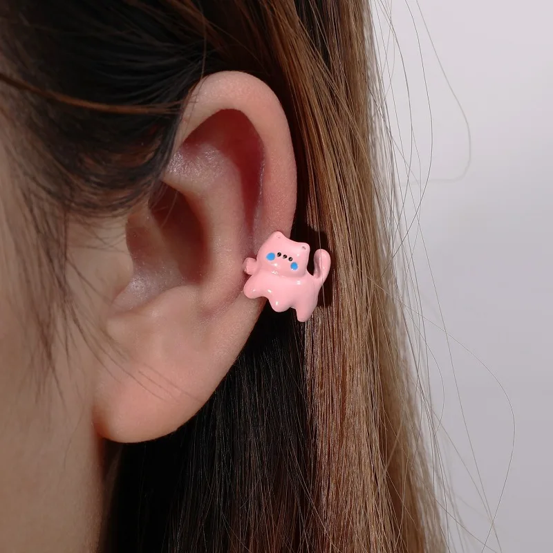 رائعتين أسود بيج وردي القط الأذن الكفة ثلاثية الأبعاد سبيكة كليب على القرط Kawaii الكرتون مجوهرات هدية لطيف النساء الفتيات الأذن اكسسوارات