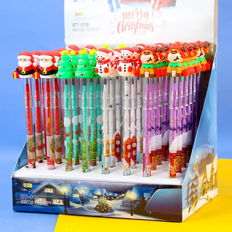 56Pcs/Lot Cute Christmas Cartoon Non Sharpening Pencil Kawaii Santa Claus Snowmen Elk Building Block Pencil Writing Egg Pen