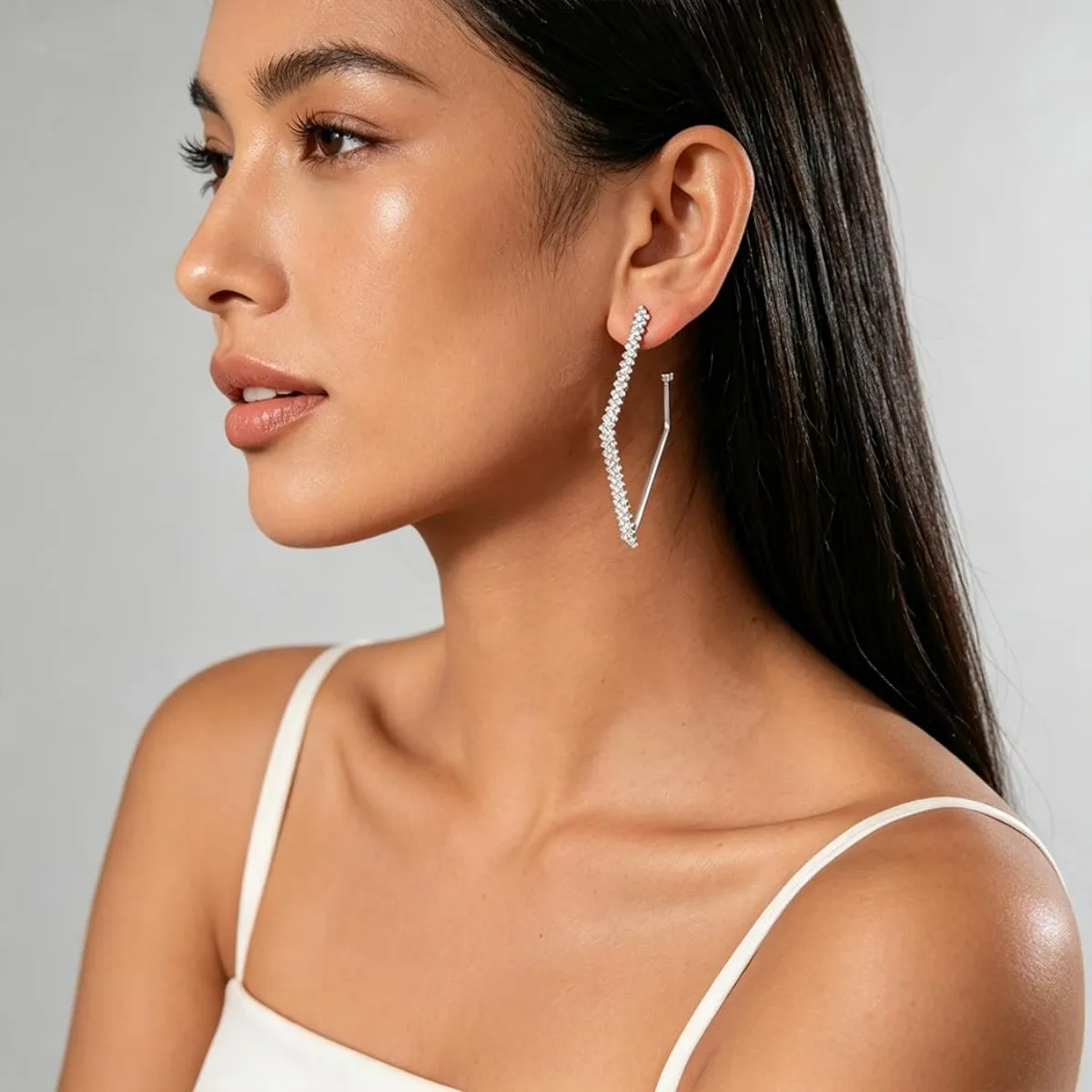 Oversized Silver Tone Geometric Rhinestone Faux Crystal Diamond Dangle Hoop Stud Earrings For Women Sparkly Bling Fashion Statement Ear Jewelry Accessories Daily Dating Banquet Party Birthday Holiday Gifts For Ladies Girls