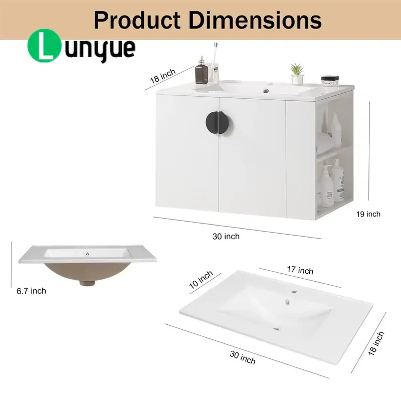 Modern Solid Wood Bathroom Vanity Floor Mounted White Cabinet with Right Side Open Storage Rack for 30 Inch Sink