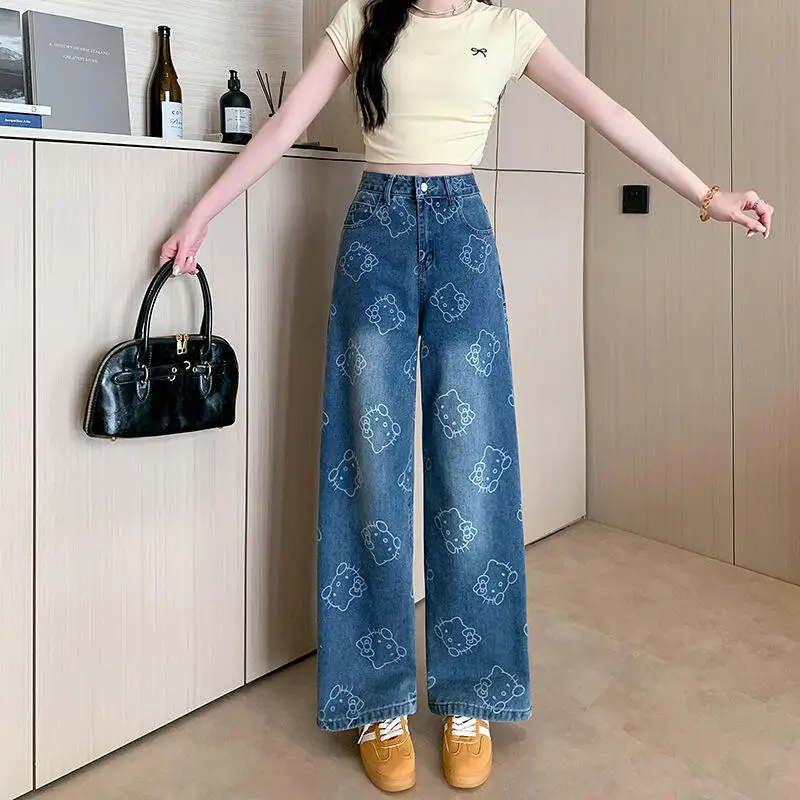 Chaud Sanrio dessin animé imprimé mode Cowboy pantalon 2025 nouvelles femmes quatre saisons conception taille haute goutte jambe droite jambe large pantalon