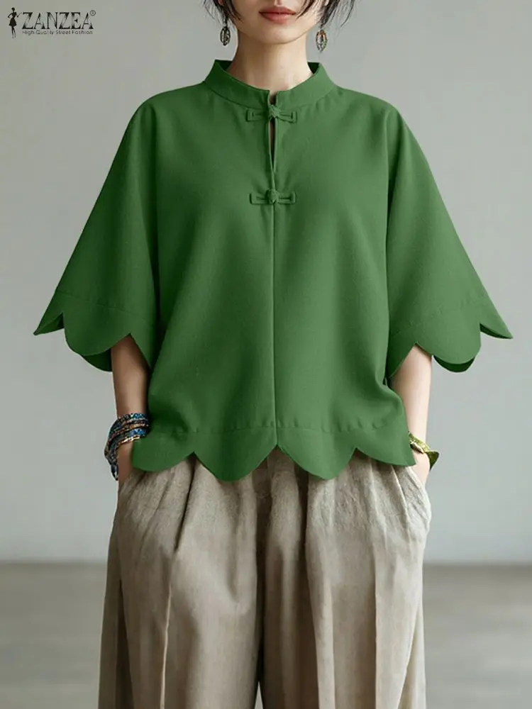 

ZANZEA, модная женская блузка, осень 2022, повседневные топы с расклешенными рукавами, туника, свободные однотонные волнистые подол, элегантные офисные корейские Blusas Femme