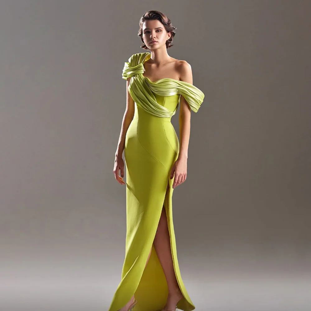 

Elegant Green Jersey Prom Dress Customized Off The Shoulder Pleat Mermaid Evening Gowns Slit Trumpet Long Formal Party Dress