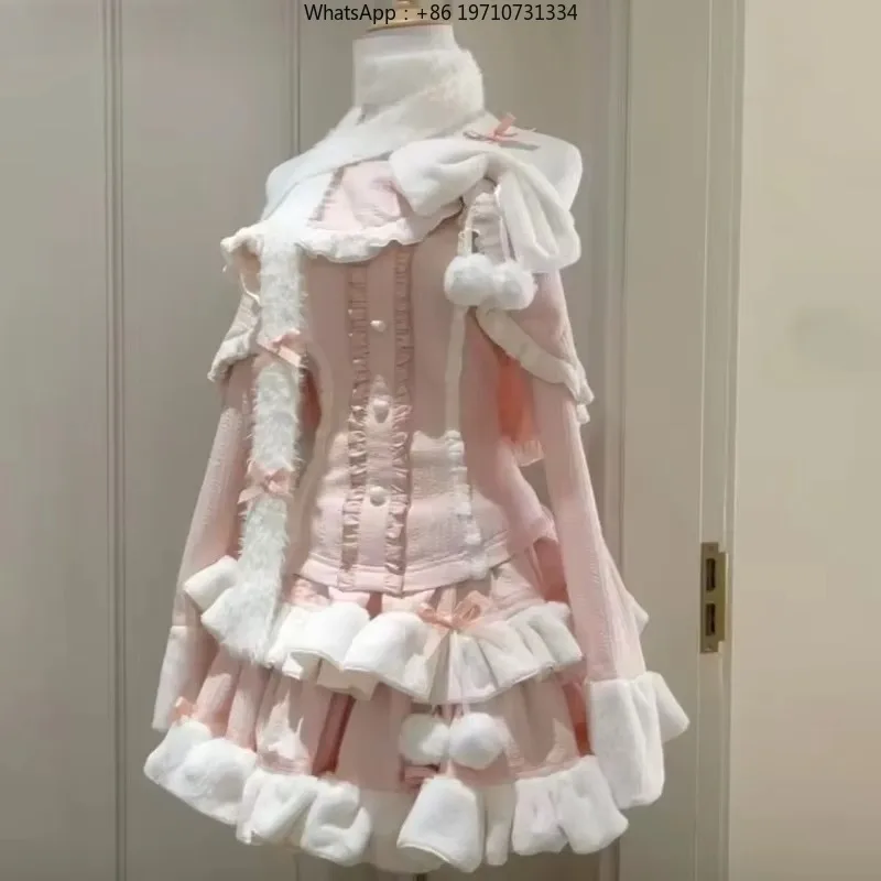 Women Kawaii Lolita 2 Piece Set Off Shoulder Long Sleeve Bow Top Cake Skirt Pink Preppy Suit