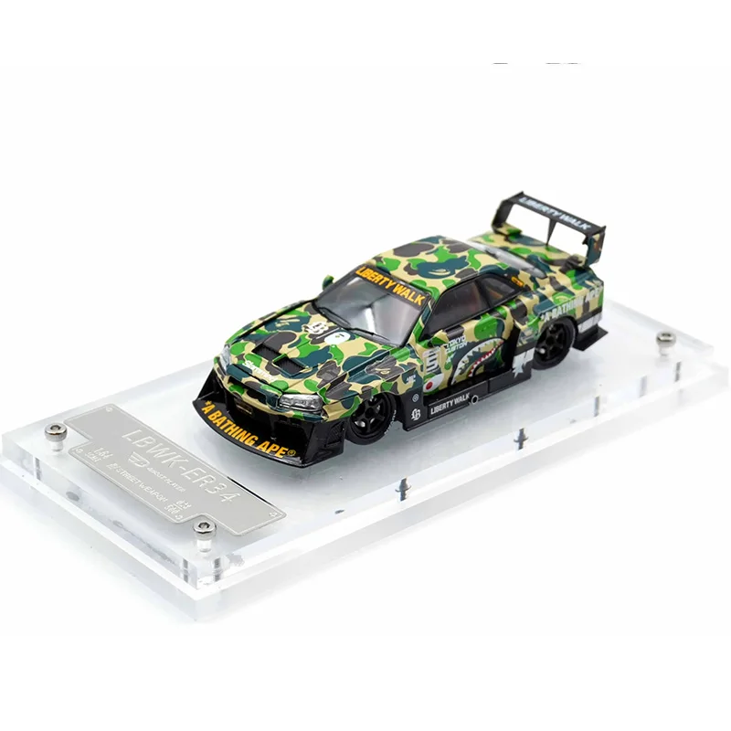 SW In Stock 1:64 LBWK GTR ER34 Silhouette Green Camouflage Opened Hood Diecast Car Model Collection Toys