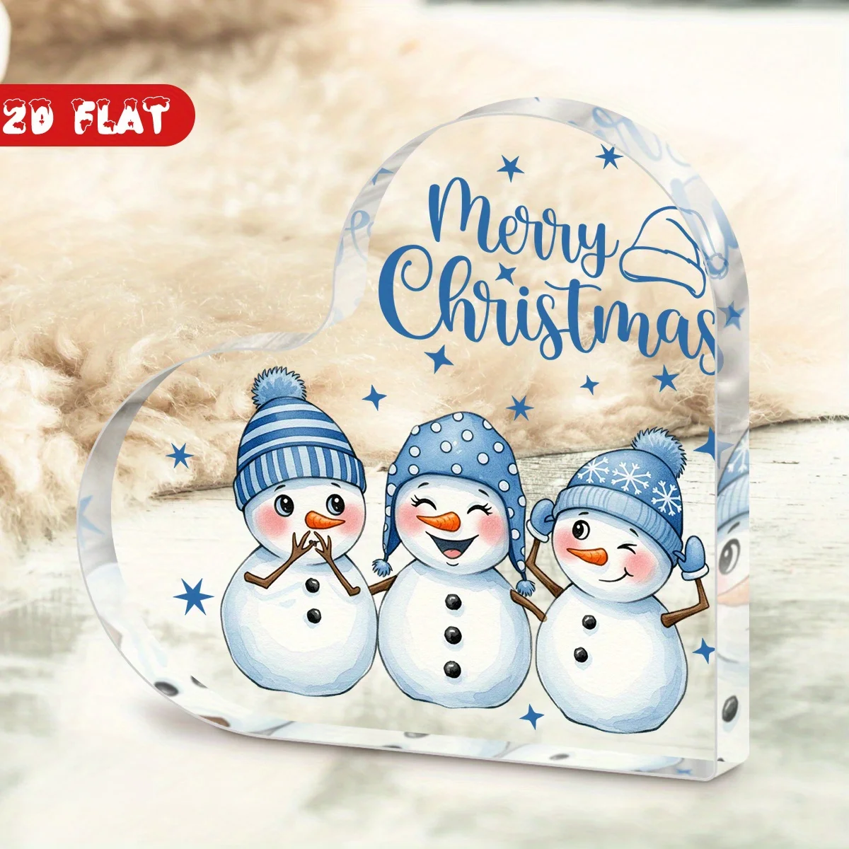 Merry Christmas Heart‑Shaped Acrylic Plaque, Three Cute Snowmen Winter Table Decor,Cartoon Snowman Friends Heart Acrylic Sign, Blue Knit Hat Star Desktop Ornament
