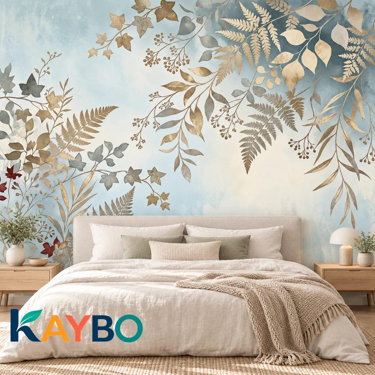 Wallpaper Mural Botanical Leaves Scandinavian Blue Floral Wall Decor Non Self Adhesive Living Room Bedroom Nature Home Decor Art