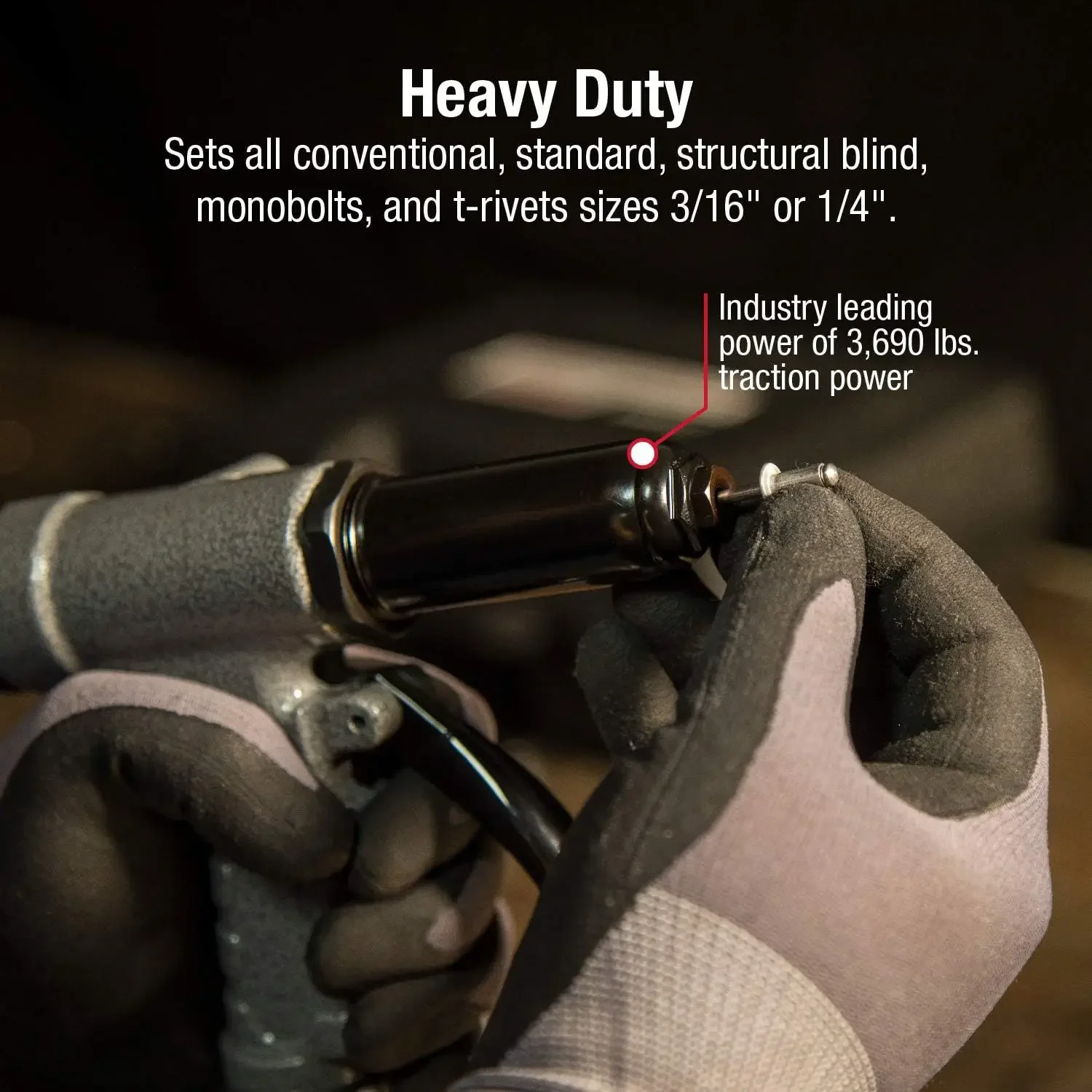 Heavy Duty Rivet Gun, Sets 3/16” and ¼” Rivets, 3690 lbs Traction Power, Nose Pieces Included, Forged Aluminum