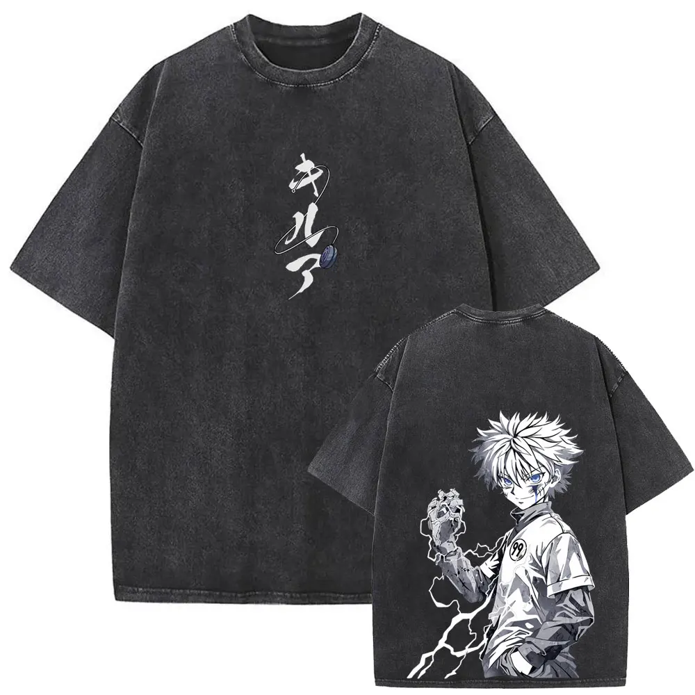 Washed Vintage Anime Hunter X Hunter Graphic T-shirt Killua Zoldyck Merch T Shirts Men Casual Retro T-shirts Fans Lover Clothes