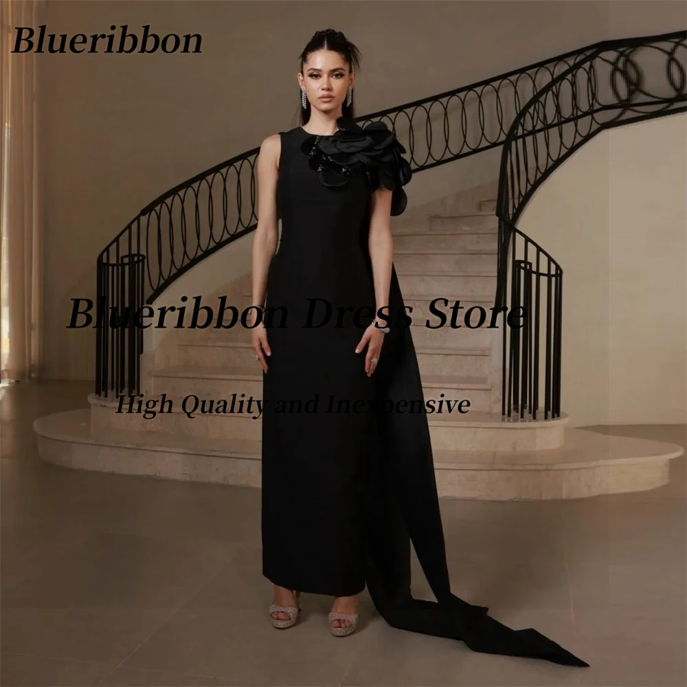 

Blueribbon Индивидуальные платья для выпускного вечера Vestidos Des Fiesta с круглым вырезом и цветами, вечерние платья со шлейфом и цветами, вечернее платье длиной до щиколотки