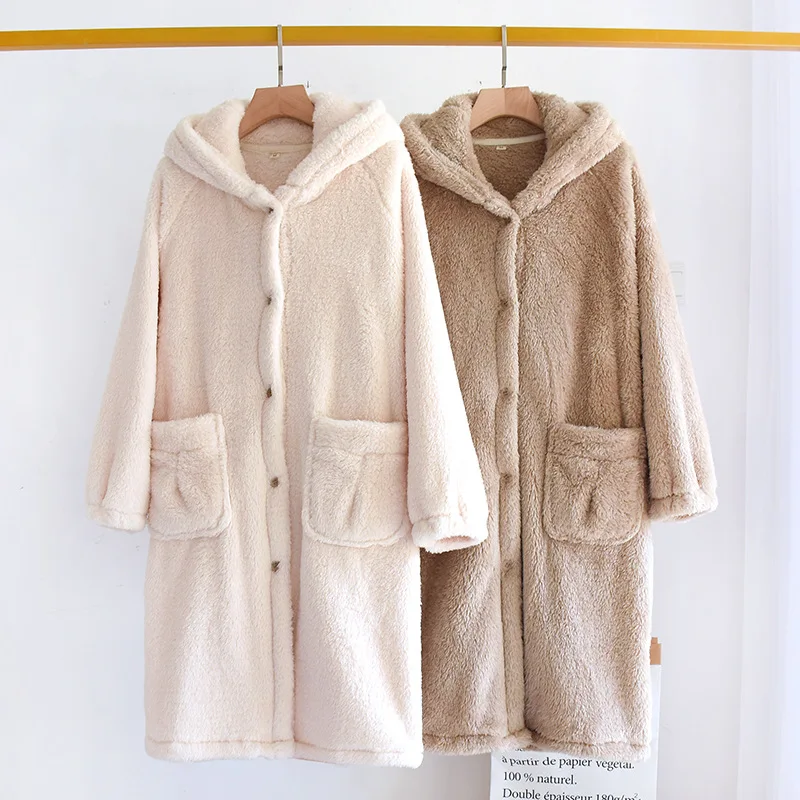 

Pocket Robe for Women Sleepwear Winter Nightdress Night Wears Warm Fleece Pajama One Piece Nightgown Hooded Sleeping Homewear