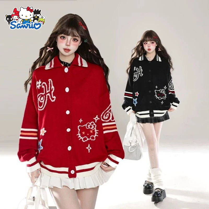 

Sanrio Hello Kitty Kawaii свитер с воротником-поло женский осенне-зимний академический стиль вязаный топ Y2K повседневный свитер в стиле Харадзюку для девочек