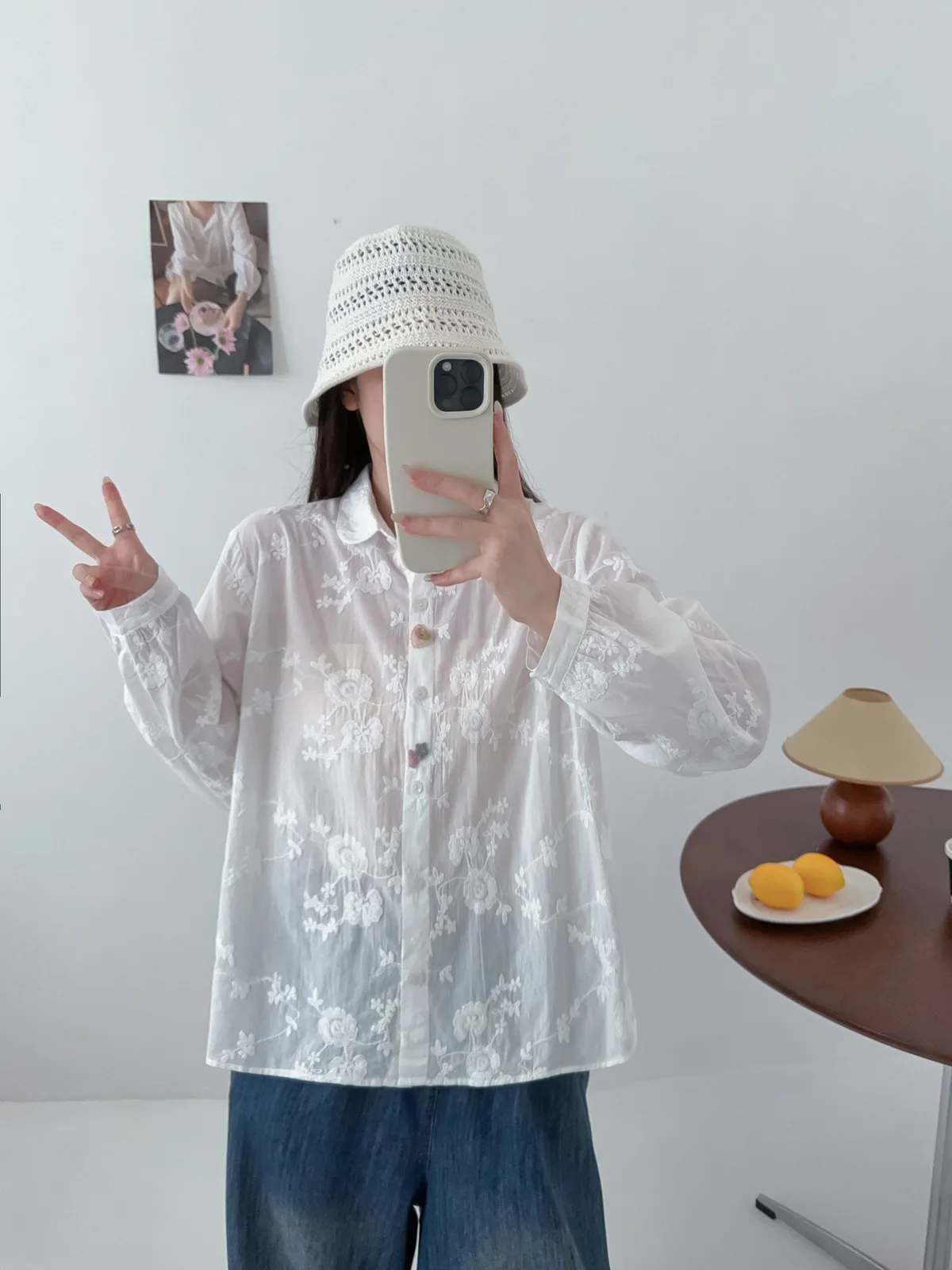 جديد 2025 الخريف قميص قطني بكم طويل ، المرأة بدوره إلى أسفل طوق التطريز ، موري فتاة الحلو البراري شيك بلوزة فضفاضة T5O455CC #5