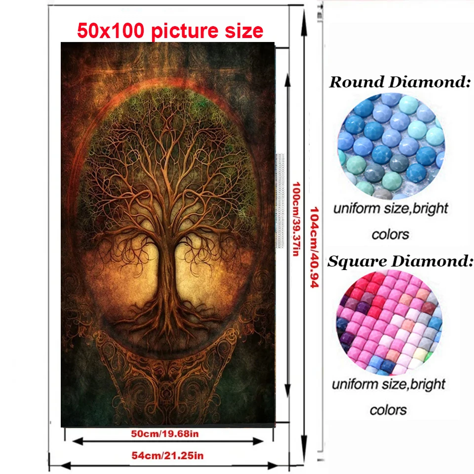 Yggdrasil Large 5D Diy Diamond Painting Vintage Tree Of Life, Mosaic Wall Art, Norse Mythology Art, Earthy Colors, Warm Tones