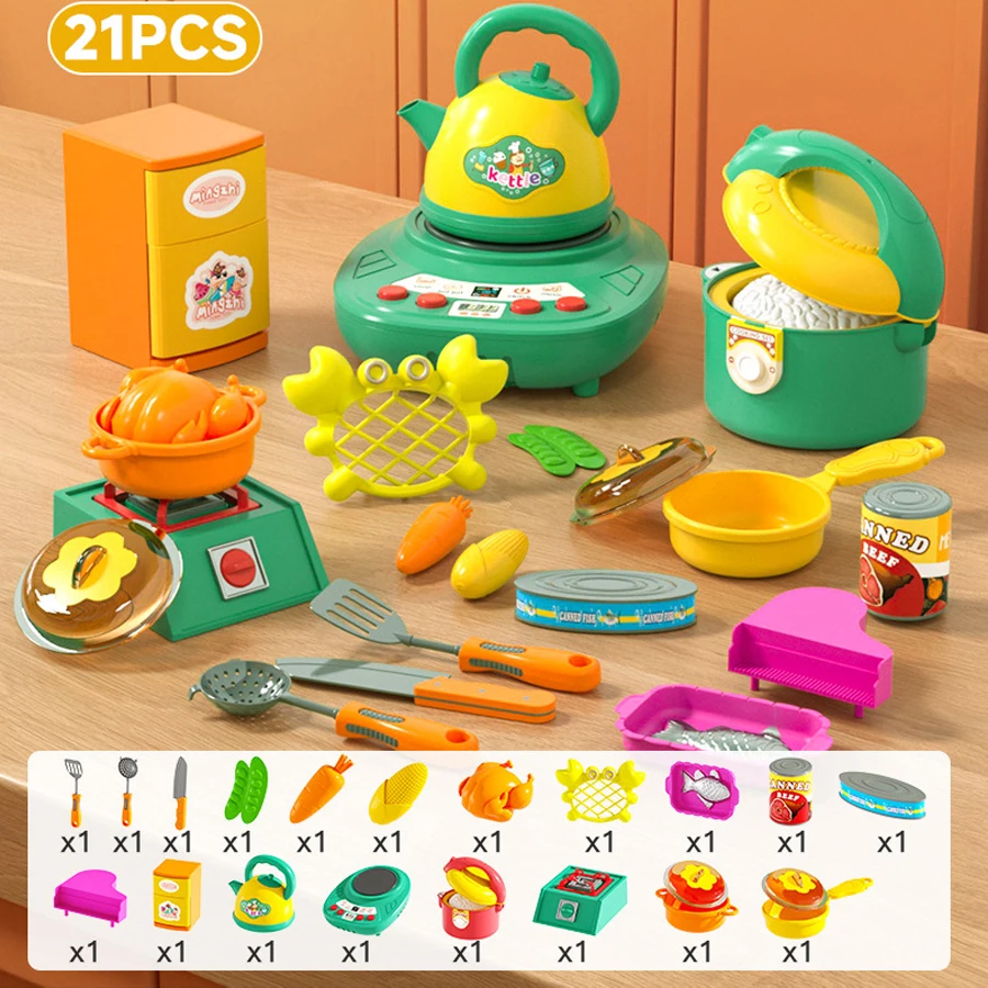 أطقم إكسسوارات المطبخ للأطفال محاكاة تأثير الصوت لعب الأدوار لعبة طفل مجموعة أواني الطبخ، قطع أطباق الطعام هدية