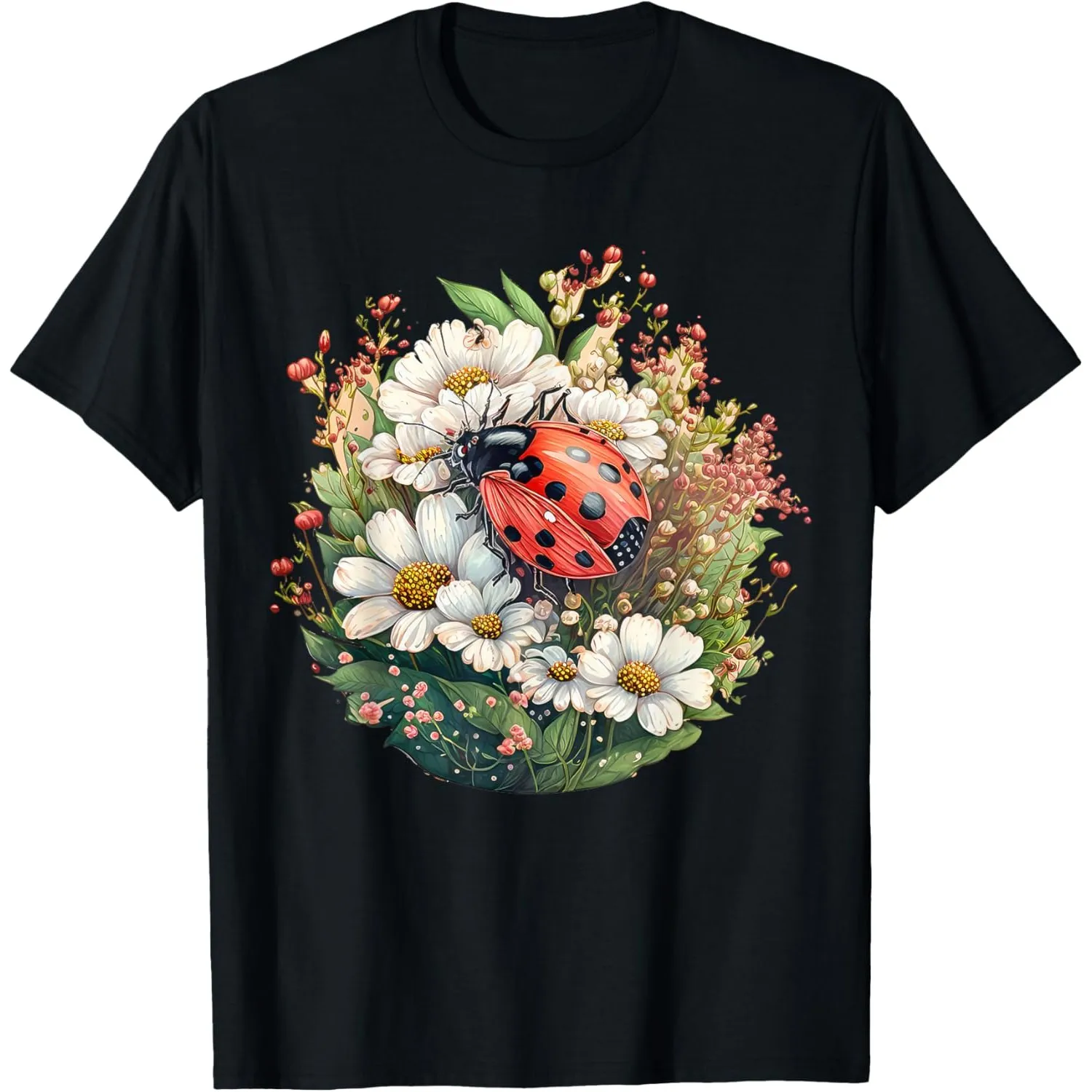 Cottagecore Floral Ladybug Graphic T-Shirt for Men Casual Breathable Cotton Tee