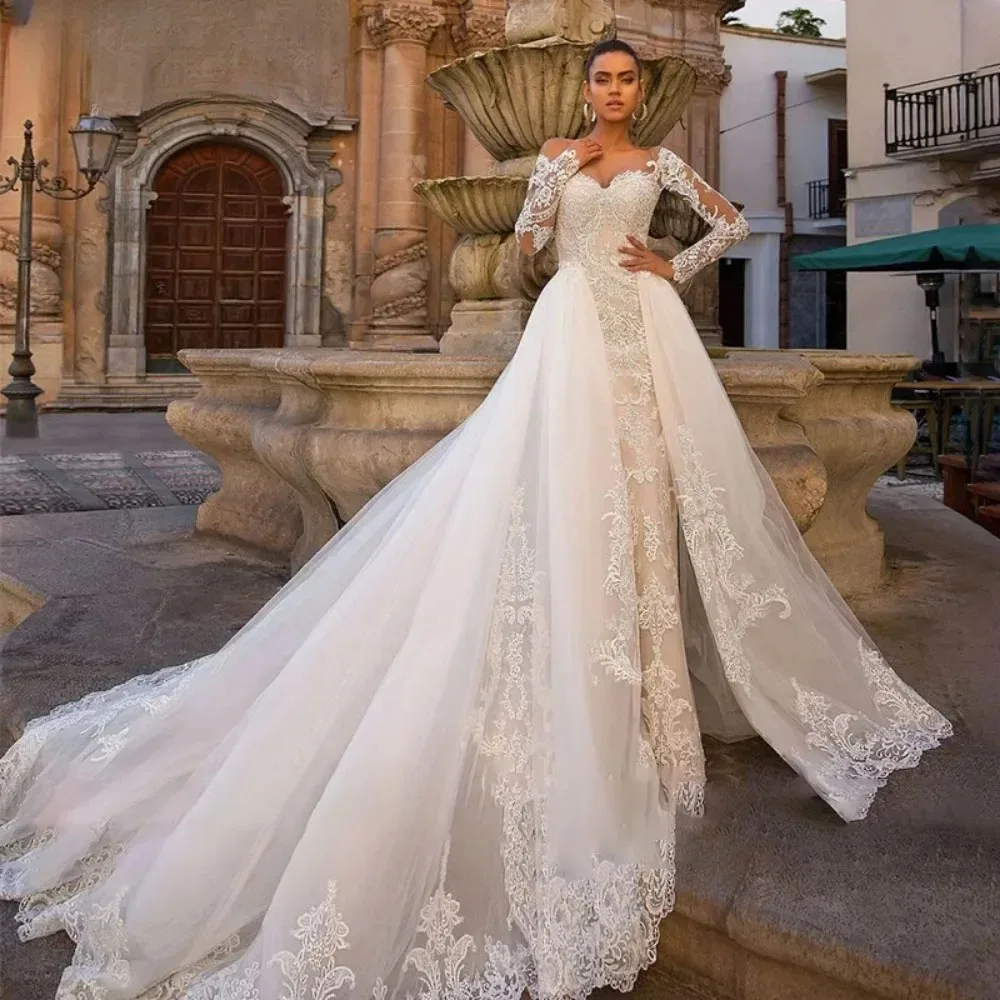 

Customized 2025 Sweetheart Off Shoulder Long Sleeve Lace Wedding Dress Sexy Mermaid Bride Dress Detachable Train Bride