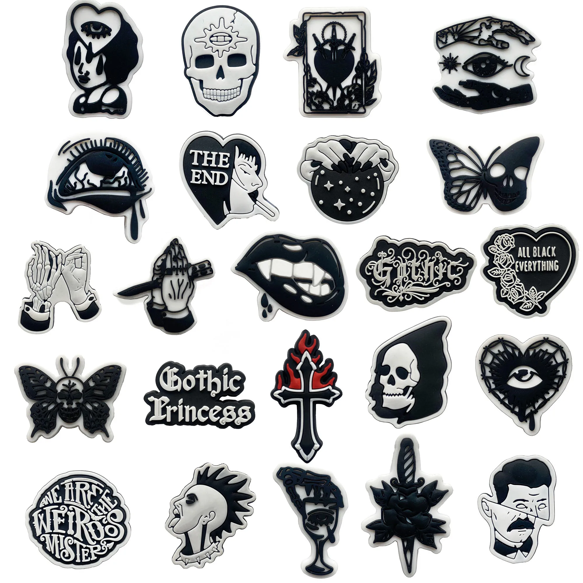 23-100pcs Black And White Gothic Shoe Charms For Sandals,Shoe Decoration Accessories Shoe Pins Great Gift For Men Wom