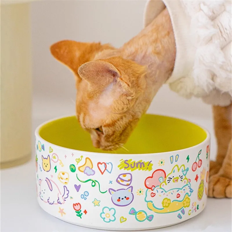 Cuenco de cerámica para gatos, cuencos para perros, cuencos de agua de dibujos animados que evitan la barbilla negra, cuenco de comida para perros y gatos, cuenco individual de gran capacidad