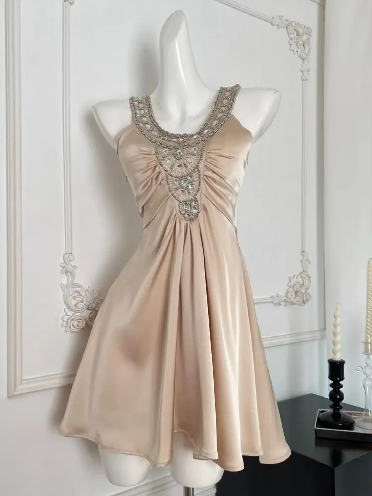 

Women's Summer Luxury Rhinestone Party Mini Dresses Satin One-Piece Sleeveless Prom Gown Coquette Gyaru Evening Formal Cocktail