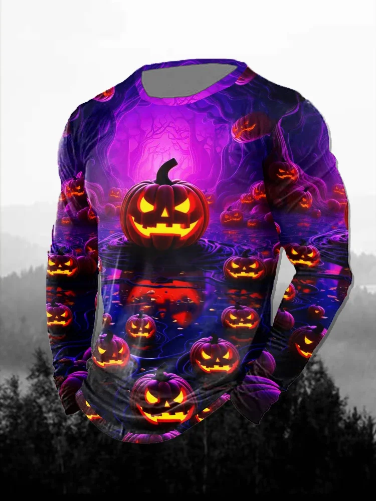 Men Halloween Horror Pumpkin Haunted House Night Scene 3D Print Long Sleeve T-shirt Polyester Fiber Casual Streetwear Party Tops