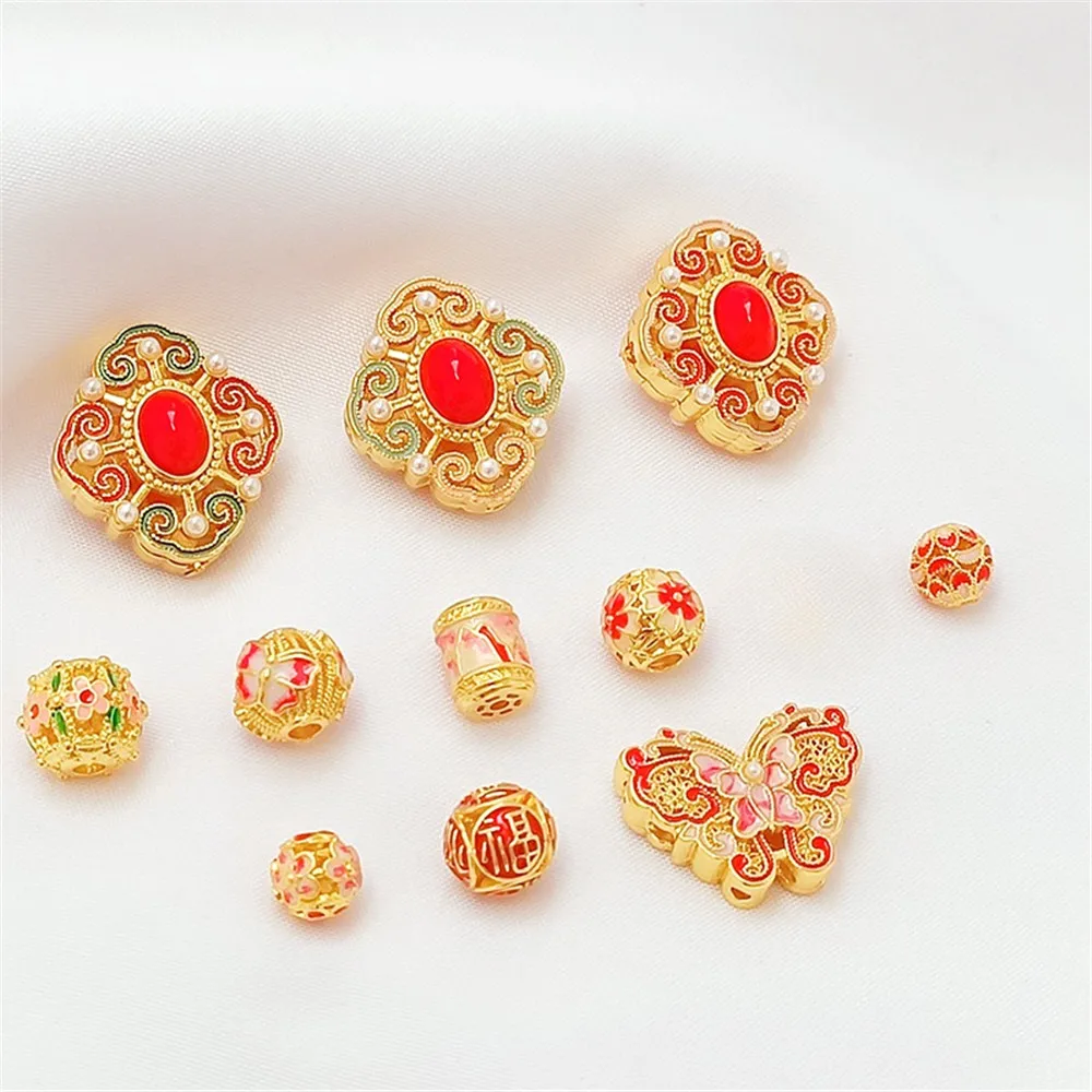 18K Oil-dripping Pink Auspicious Butterfly Hollowed-out Ball Spacer Beads Handcrafted Diy Classical Elegant Hanfu Accessories