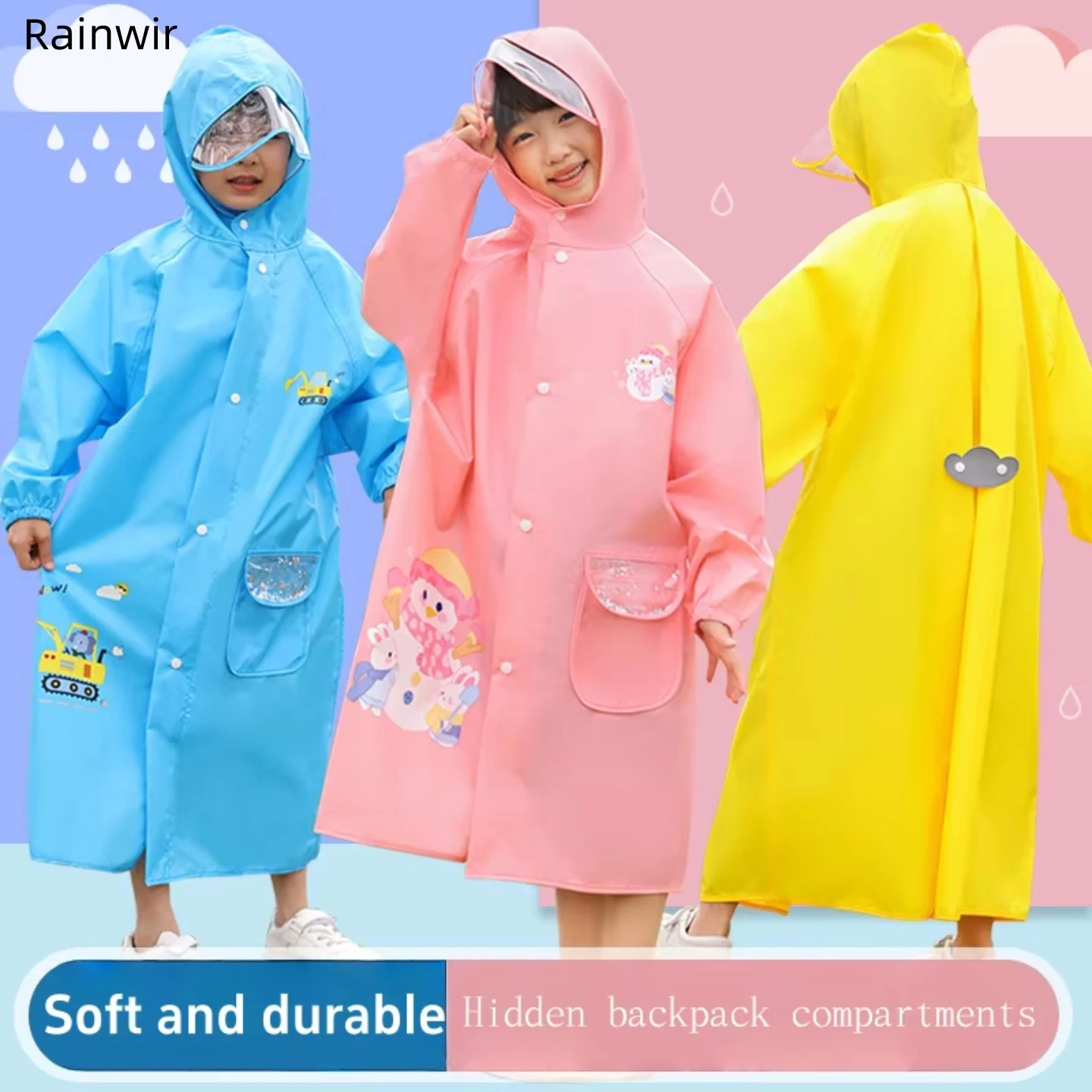 Kids Backpack Raincoat with Cartoon Print – Cute Animal Design Waterproof Hooded Rain Jacket for Toddler Boys Girls