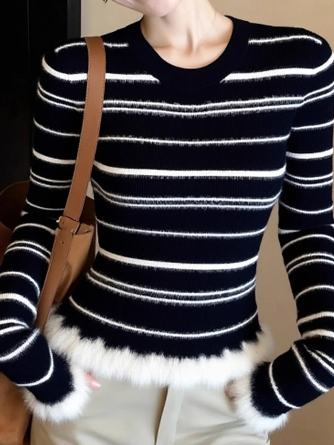 

Korean Sle Luxury round Ne Thiened Women's Inner irt Striped Base Layer Top Faionable oulder High End Feeling