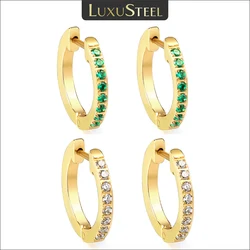 LUXUSTEEL Zircon Hoop Earrings for Women Men Golden Plated Stainless Steel White Crystal Ear Clips Waterproof Party Jewelry