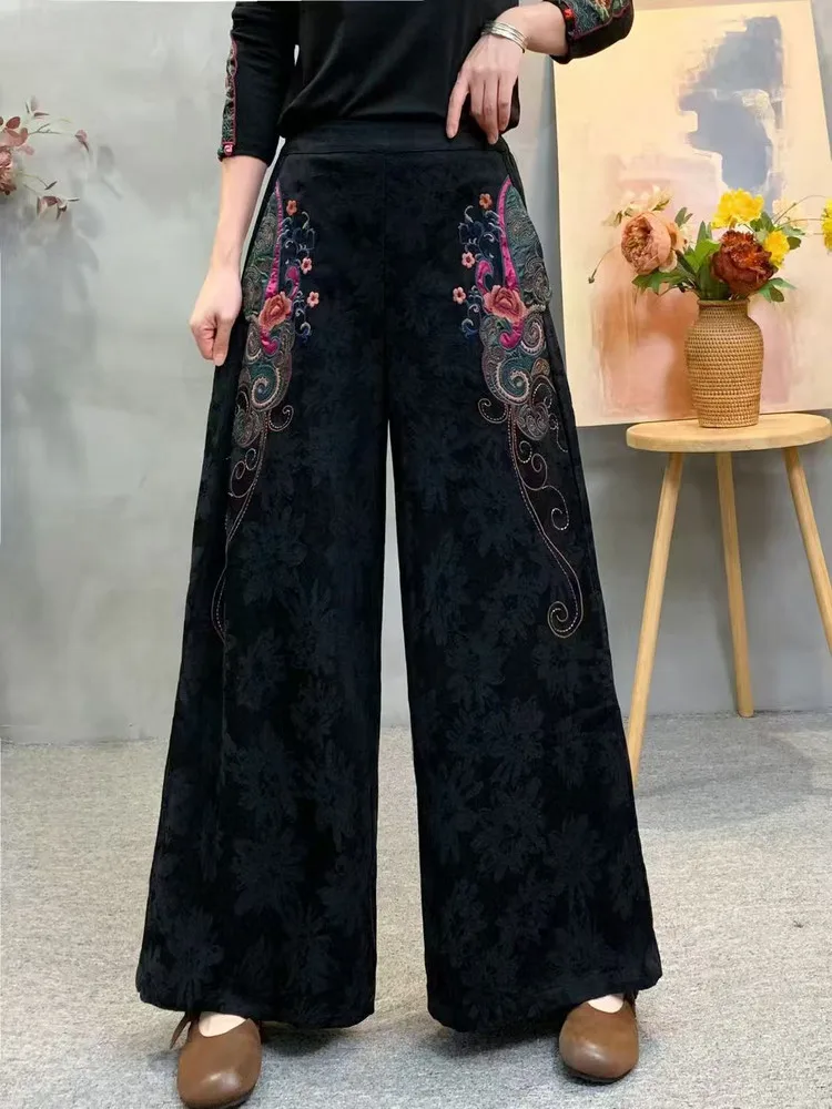 Ele Embroidered Wide Leg Pants Women's High Waist Cotton Floral Patterned Slimming Straight Cut Trousers Retro Sle