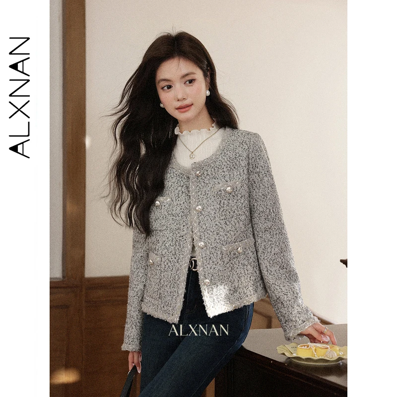 

ALXNAN женские короткие пальто, новинка 2025, осень, элегантная нежная официальная женская одежда высокого качества с круглым вырезом и кисточками, L57669