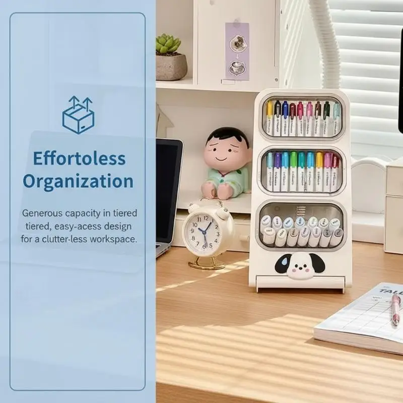 Cute Cartoon Desktop Pen Marker Storage Rack With Large Capacity And Multi Layer Design For Student Study Desk Art Creation