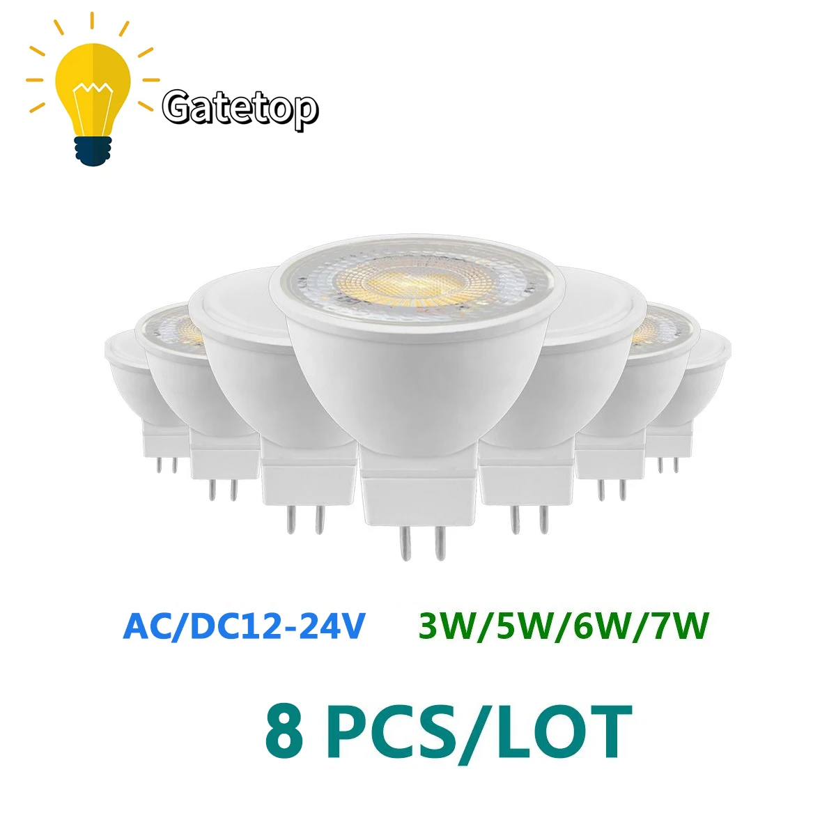 따뜻한 화이트 데이 라이트 LED 조명 램프, 가정 장식용, 할로겐 스포트라이트 교체, AC/DC12V-24V 스팟, Foco MR16, 3W-7W, 8 개