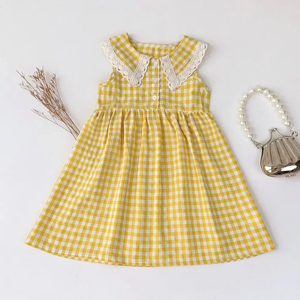 

Summer Solid Color Countryside Style Girl Casual Clothes Lace Lapel Sleeveless Princess Dress Daily Wear for Children Aged 3-7