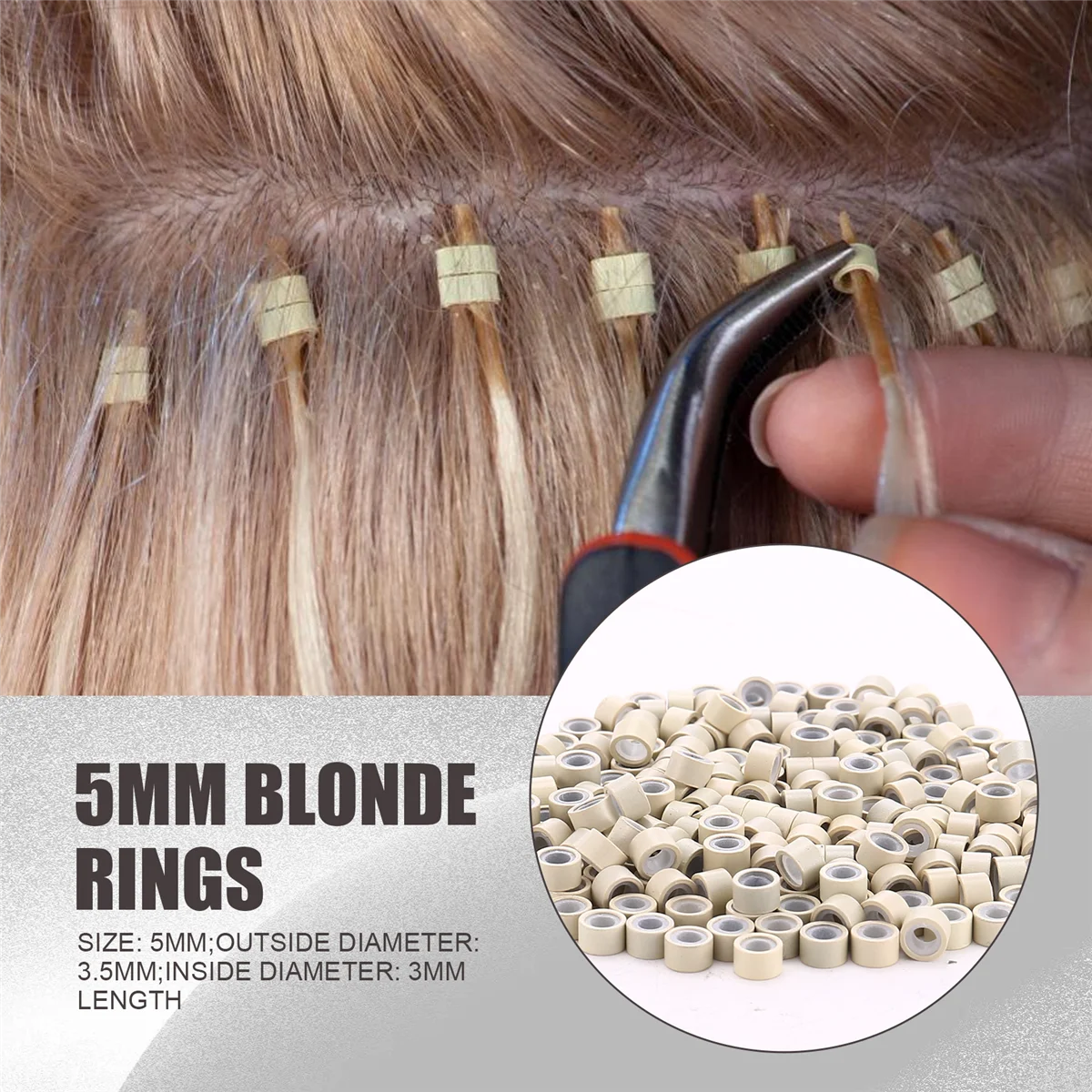 200 micro anelli rivestiti in silicone di colore biondo da 5 mm, collegamenti perline, per estensioni dei capelli