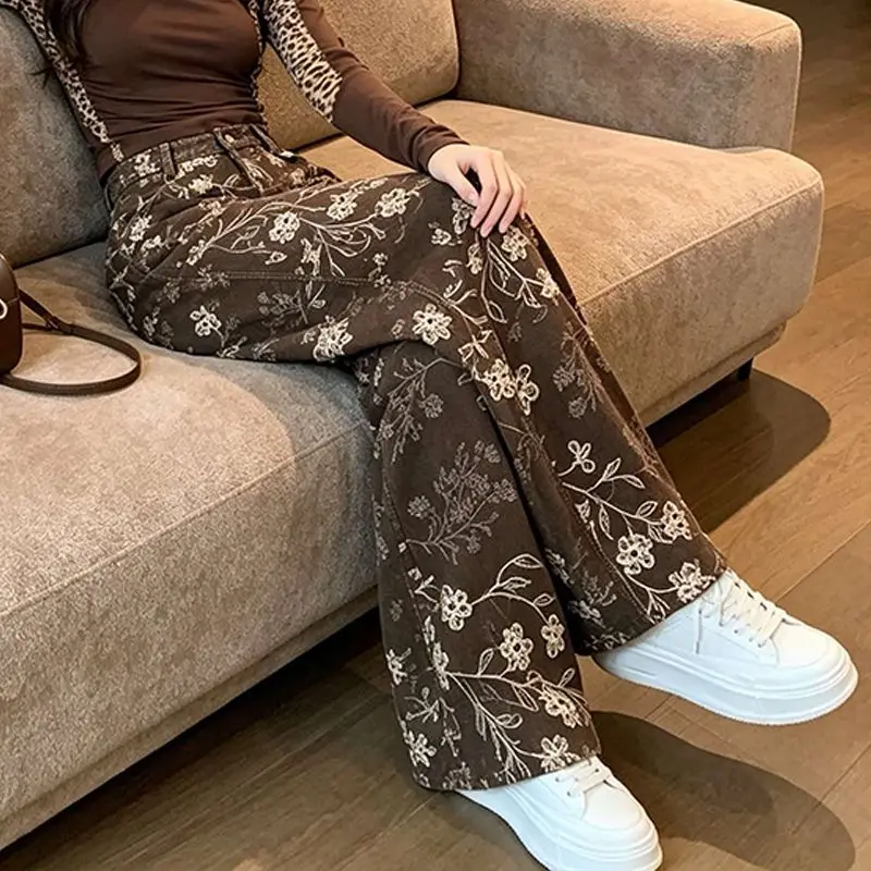 2026 Spring Fall Women High Waisted Floral Pattern Coffee Denim Trousers , Woman Fashion Vintage Wide Leg Jeans Pants