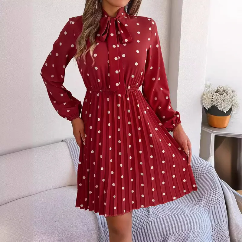 

2025 European and American Autumn Winter Elegant Polka Tie Waist Long Sleeve Pleated Skirt Women's Fashion