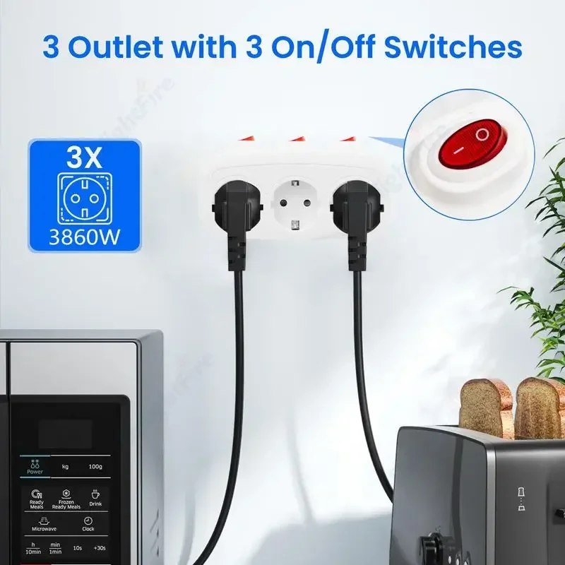 1 To 3 Way KR Plug With ON/OFF Switch Russia Germany France Extension Wall Socket Power Strip ﻿AC Outlet Power Converter Adaptor