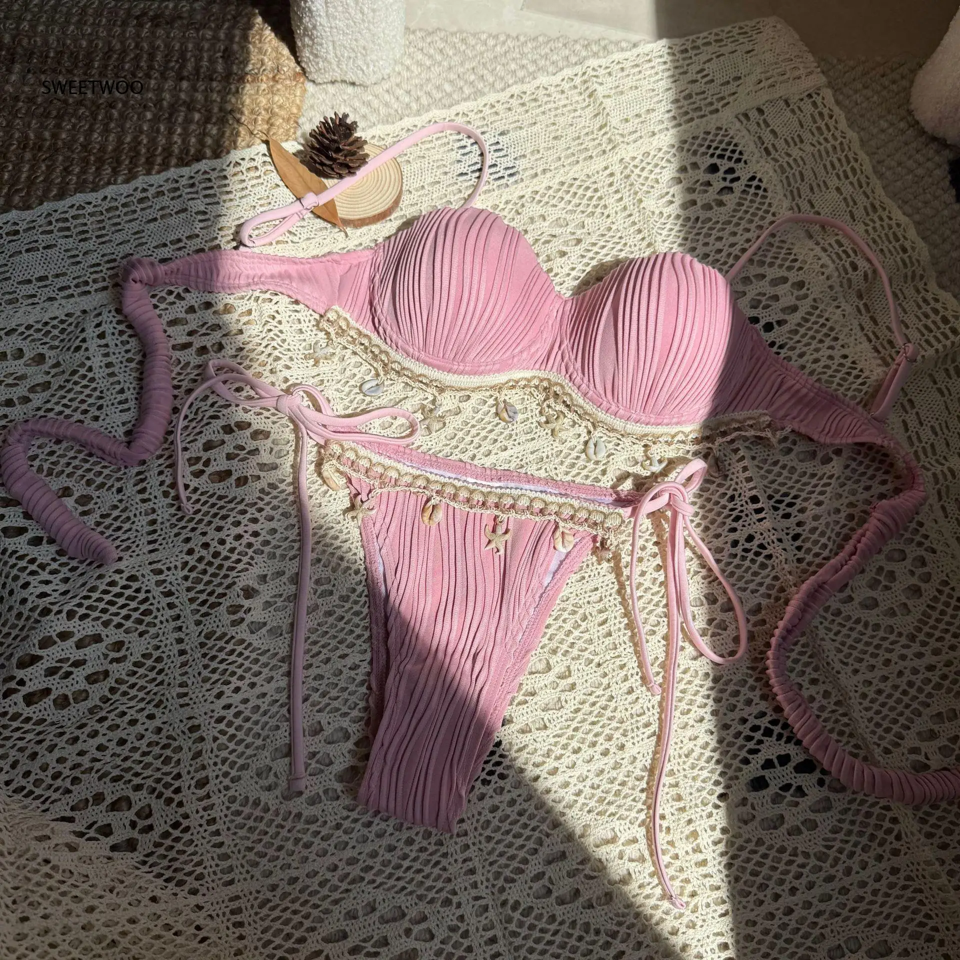 Sweetheart Scalloped Underwire Ribbed Bikini Set With Shell Starfish Tassel Fringe Trim Adjustable Side Tie For Women Beachwear