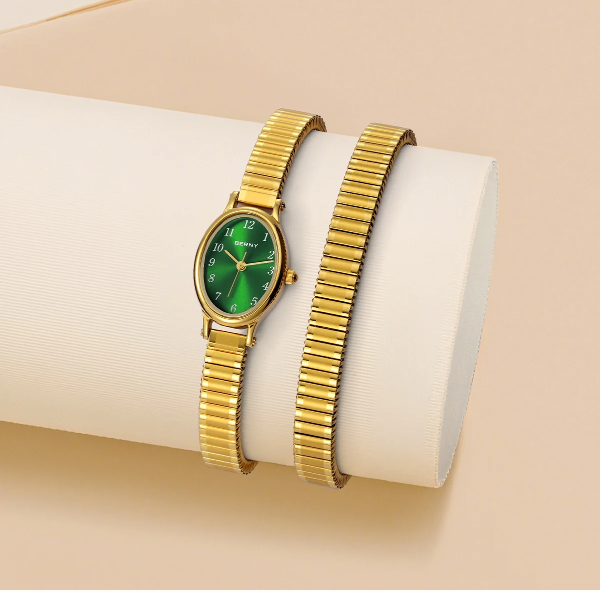 BERNY Goldene Uhren für Damen, luxuriöses goldenes elastisches Armband, elegante, leicht ablesbare Damenuhr, Stretch-Armband, Kleiderarmbanduhr – Detail 18