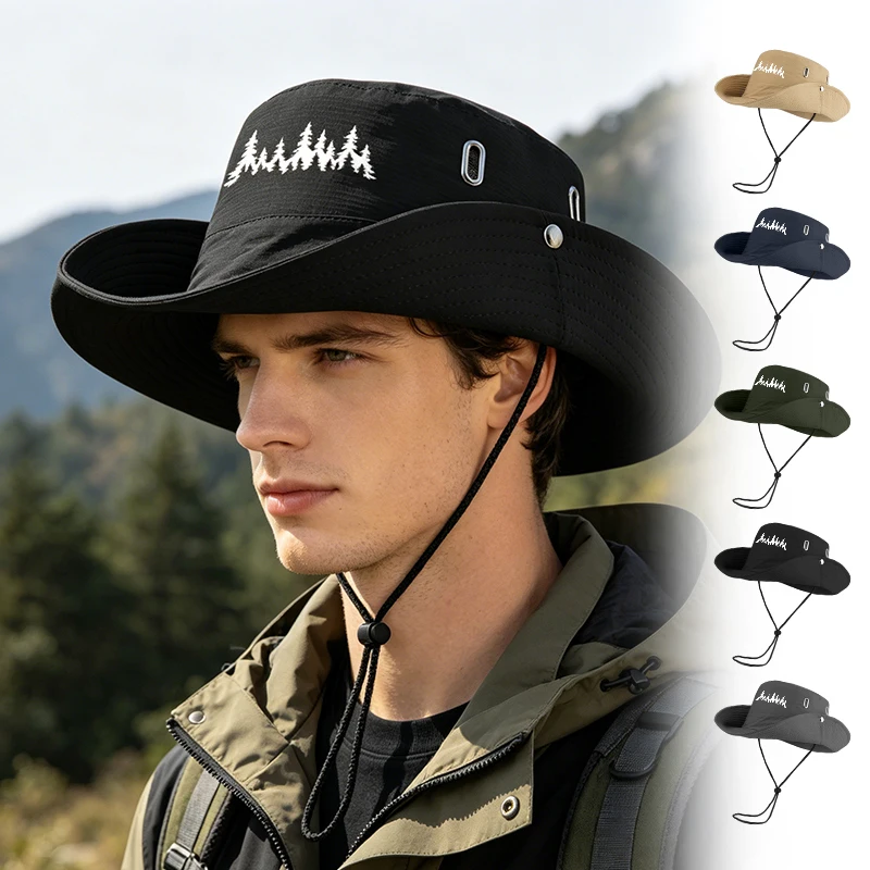 Pine Forest Silhouette Print Hiking Bucket Hat – Breathable Drawstring Bucket Hat – Perfect for Hiking and Outdoor Adventures