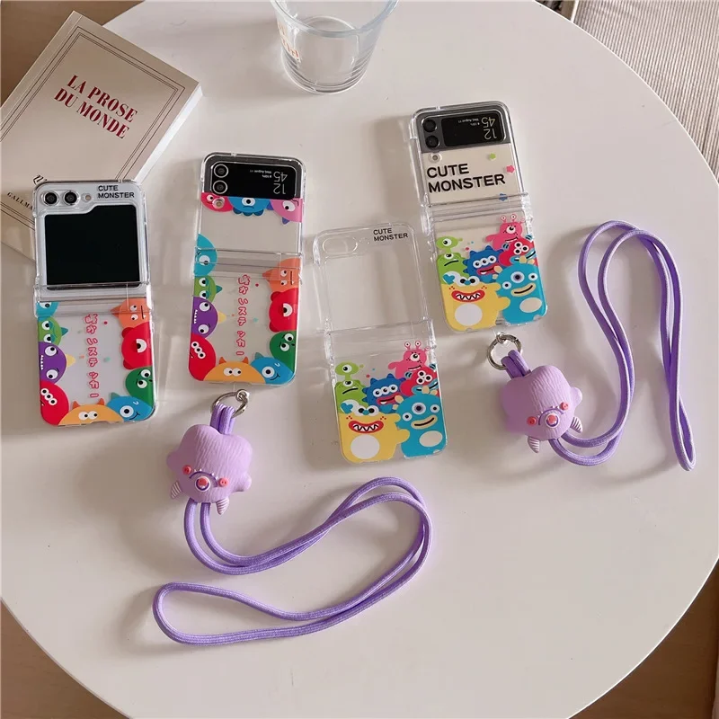 Linda funda de teléfono con cordón Monster para Samsung Galaxy Z Flip 6 5 4 3, funda trasera protectora para ZFlip4 ZFlip5 ZFlip6